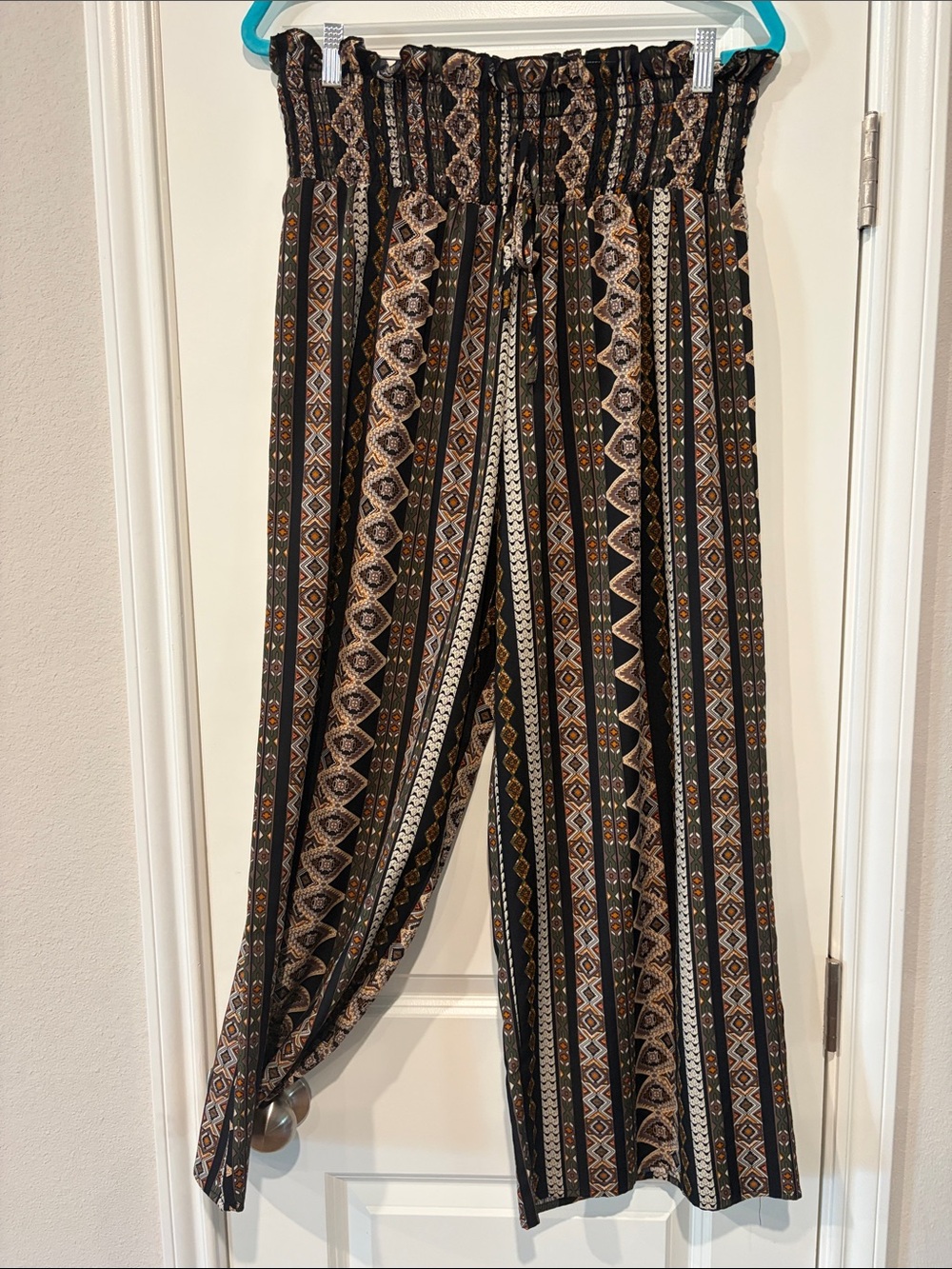 SHEIN Black, Brown & Cream Boho Wide-Leg Smocked Pants